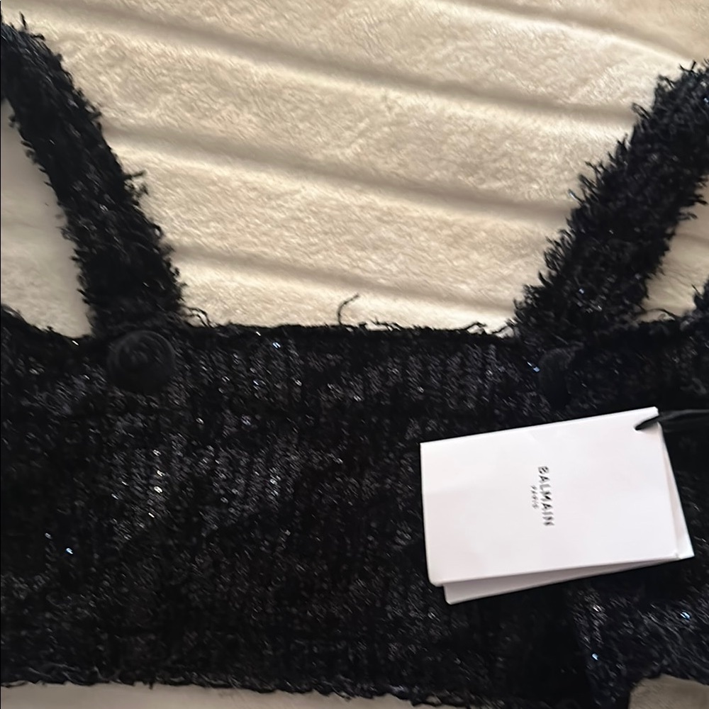 Balmain Black Textured Sequin Crop Top